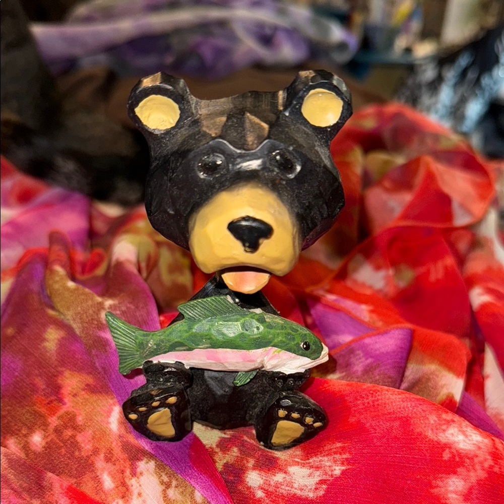 Black Bear with Fish Figurine - Black and Green BOBBLE HEAD NEW